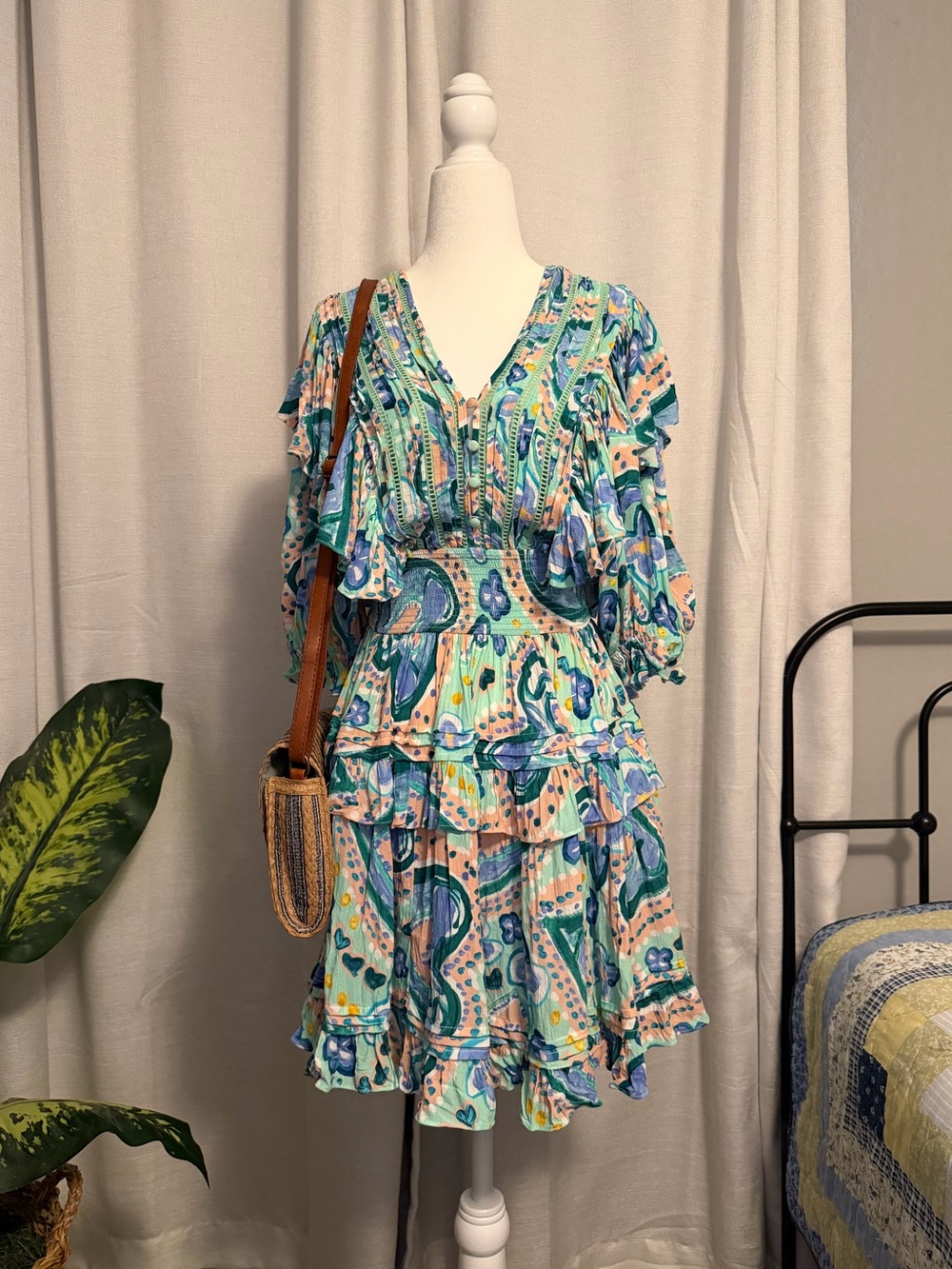 Alivia Ruffle Mini Dress in Floral Pond Blue - Size XS